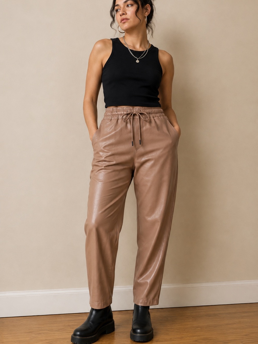 Wildfang Empower Vegan Faux Leather Drawstring Joggers in Taupe 1X